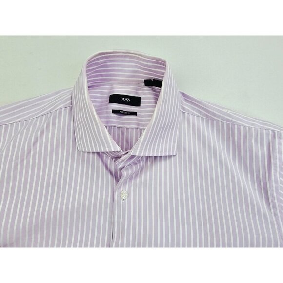 Hugo Boss Size 16.5 36-37 Mens Regular Fit Lilac White Stripe French Cuff Shirt - Picture 1 of 11
